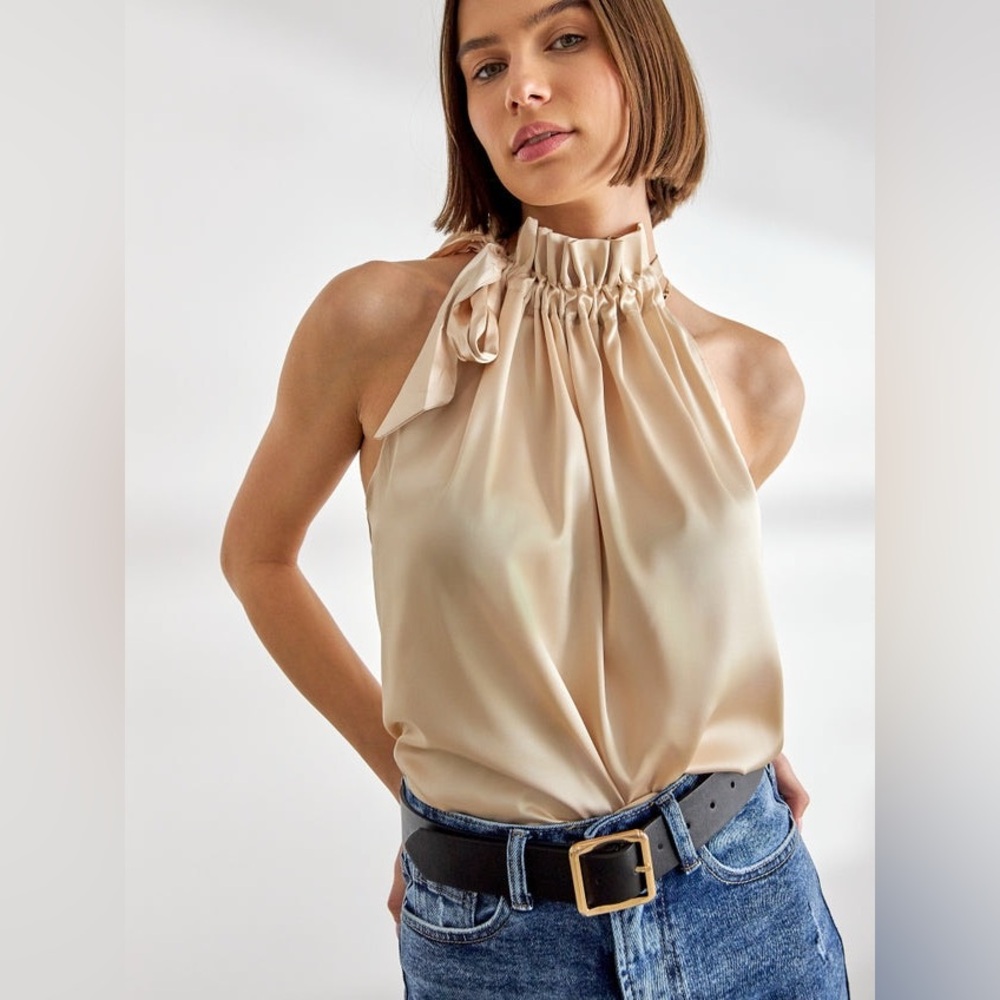 Women's Elisabeth Satin Top with Adjustable Bow on Collar